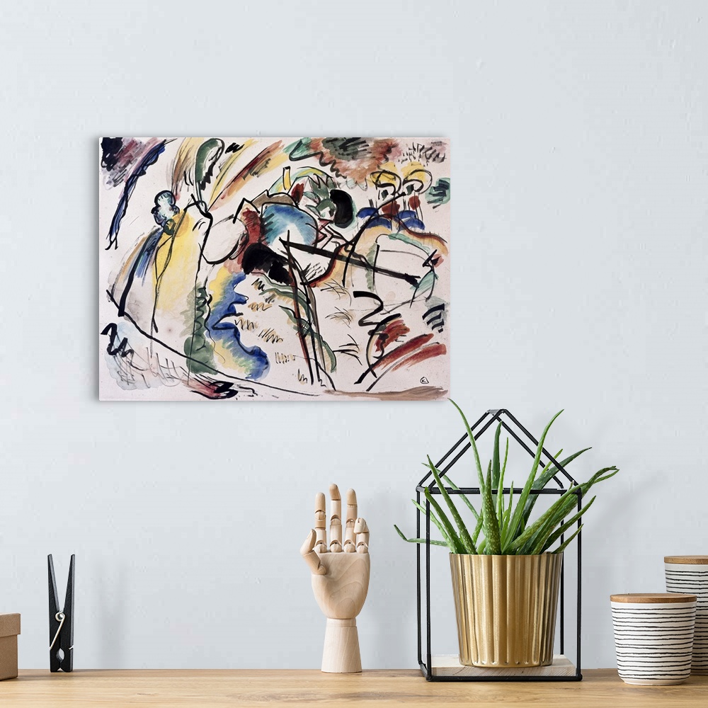A bohemian room featuring A lively abstract modern art painting with lots of movement and bright colors