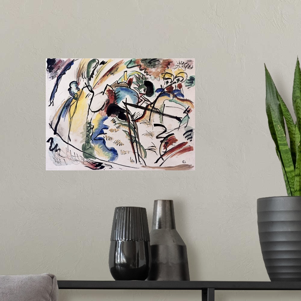A modern room featuring A lively abstract modern art painting with lots of movement and bright colors
