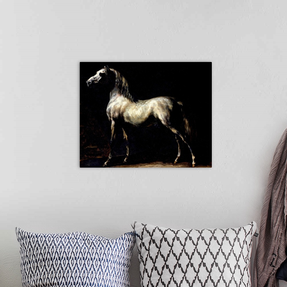 A bohemian room featuring Giant classic art showcases a profile of a horse using a majority of darker tones.