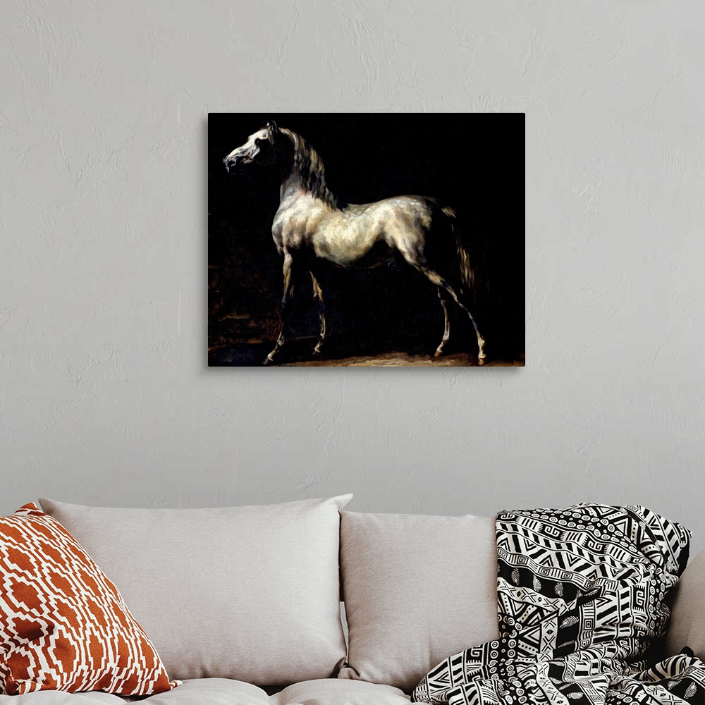 A bohemian room featuring Giant classic art showcases a profile of a horse using a majority of darker tones.