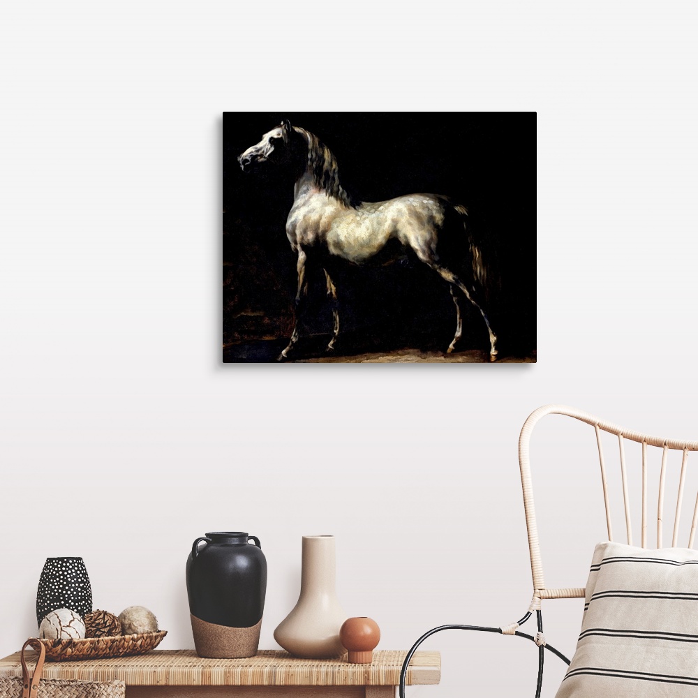 A farmhouse room featuring Giant classic art showcases a profile of a horse using a majority of darker tones.