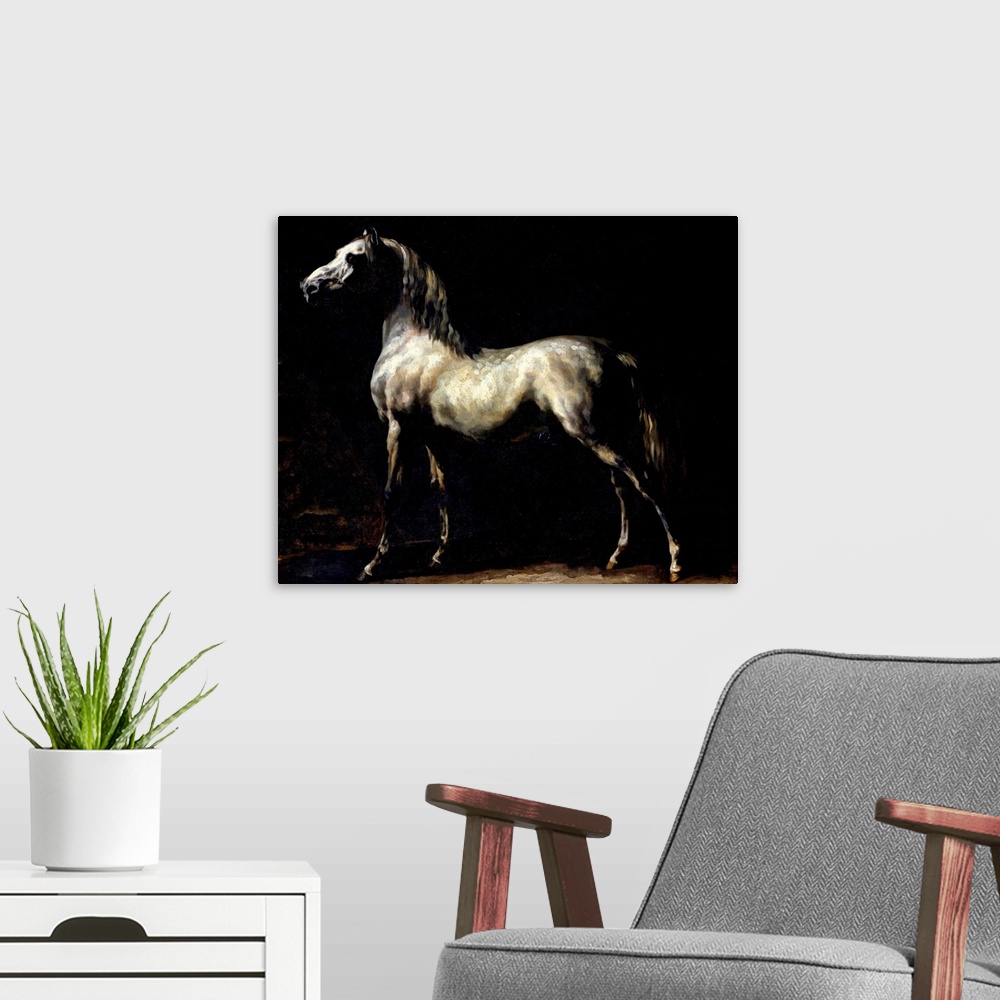 A modern room featuring Giant classic art showcases a profile of a horse using a majority of darker tones.