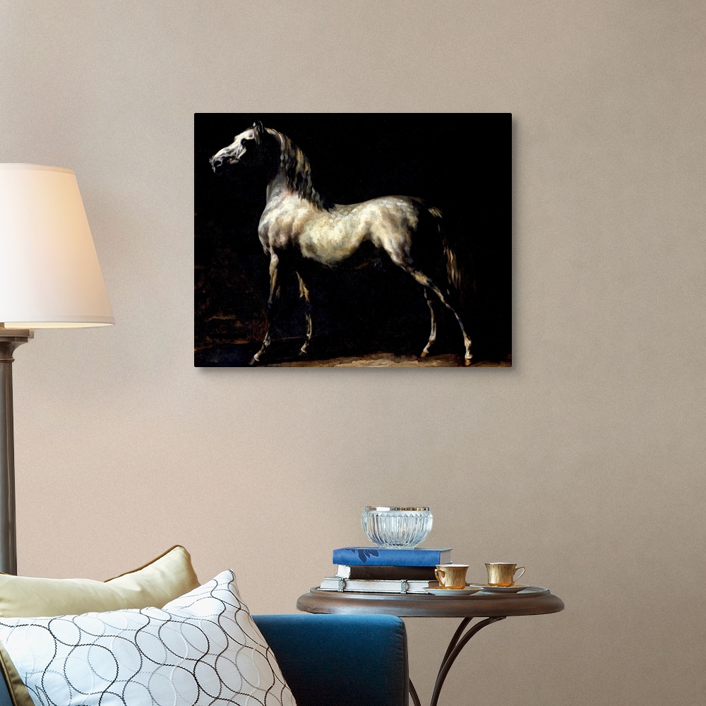 A traditional room featuring Giant classic art showcases a profile of a horse using a majority of darker tones.
