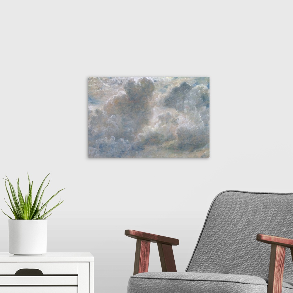 A modern room featuring oil on paper laid on canvas