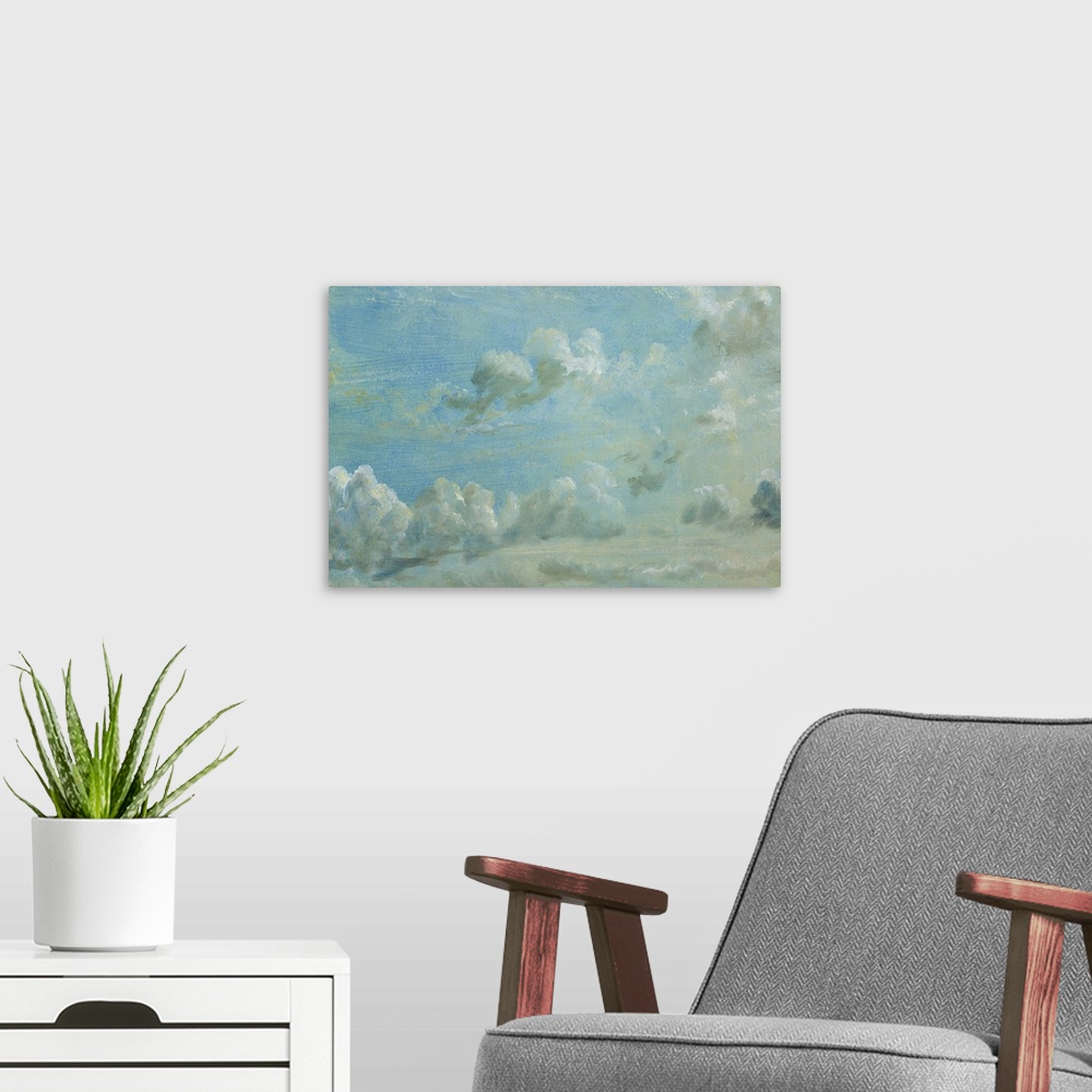 A modern room featuring Horizontal painting on a large wall hanging of a light blue sky full of small fluffy clouds, the ...