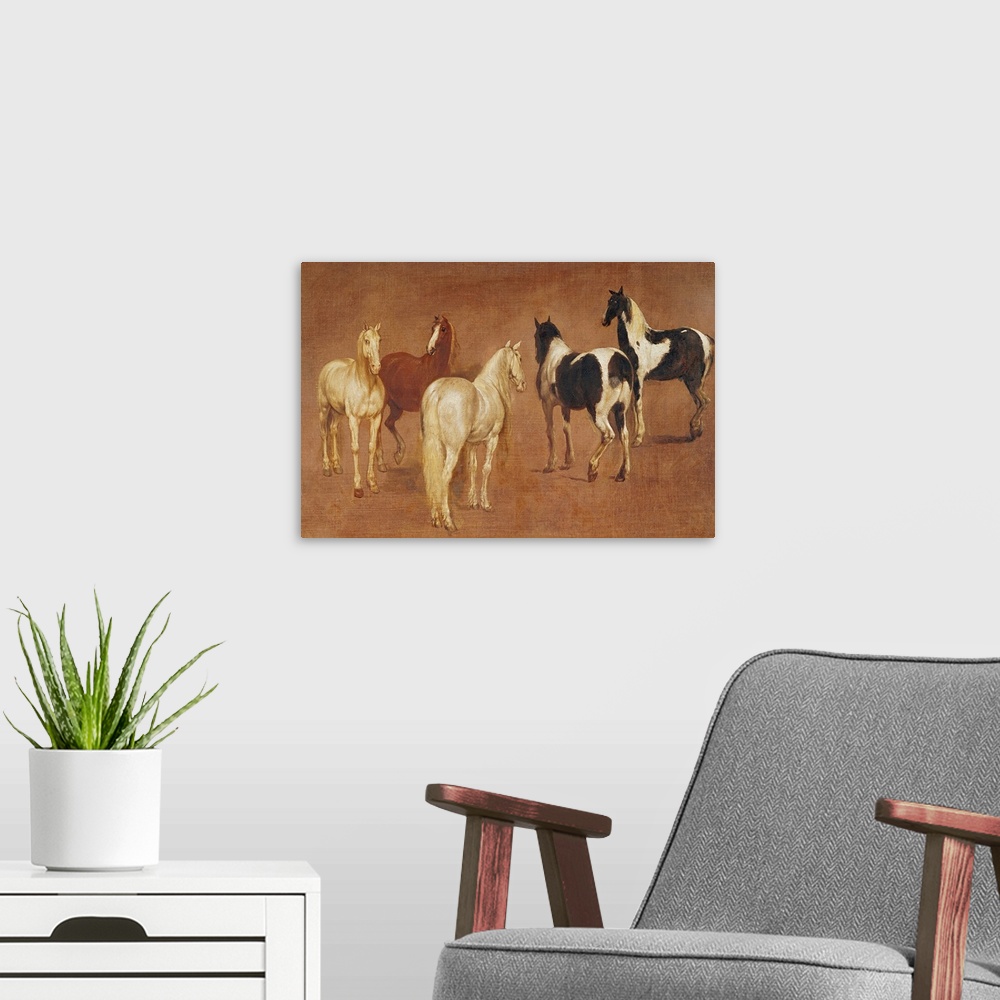 A modern room featuring An oil painting of five horses in various positions and coloring.