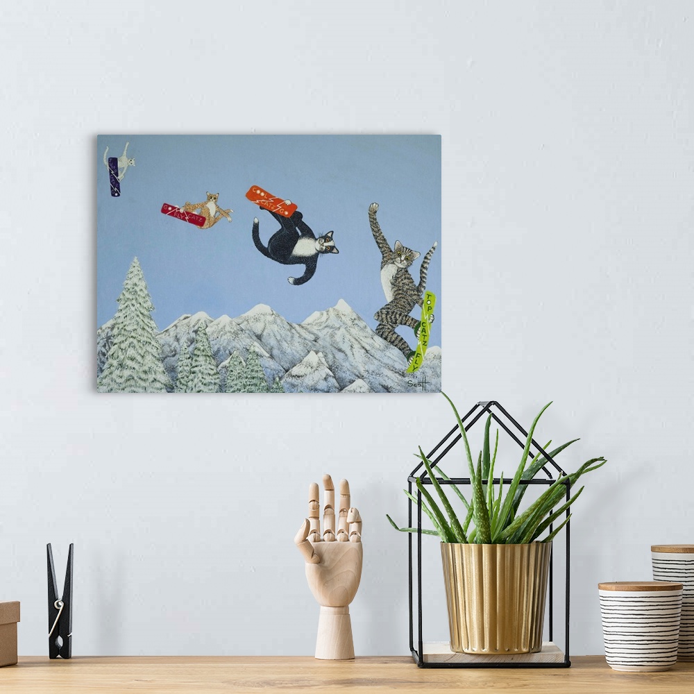 A bohemian room featuring Contemporary whimsical artwork of cats snowboarding.