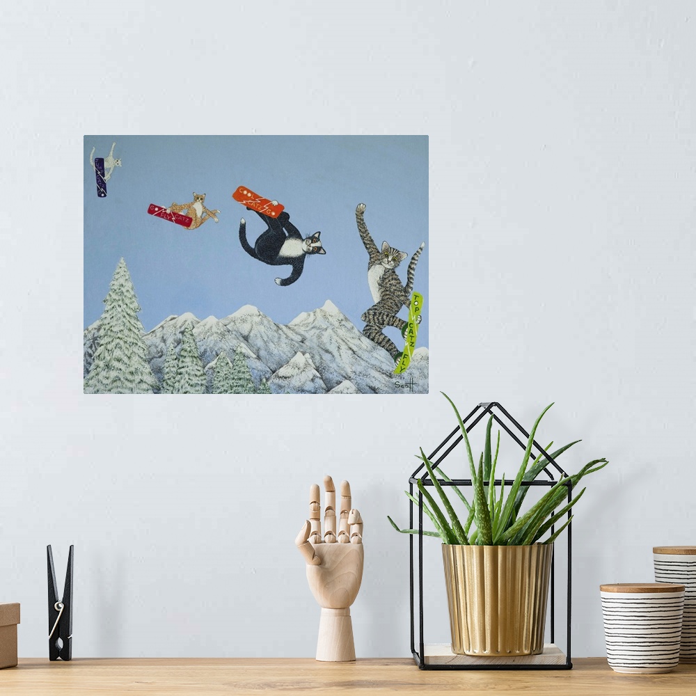 A bohemian room featuring Contemporary whimsical artwork of cats snowboarding.