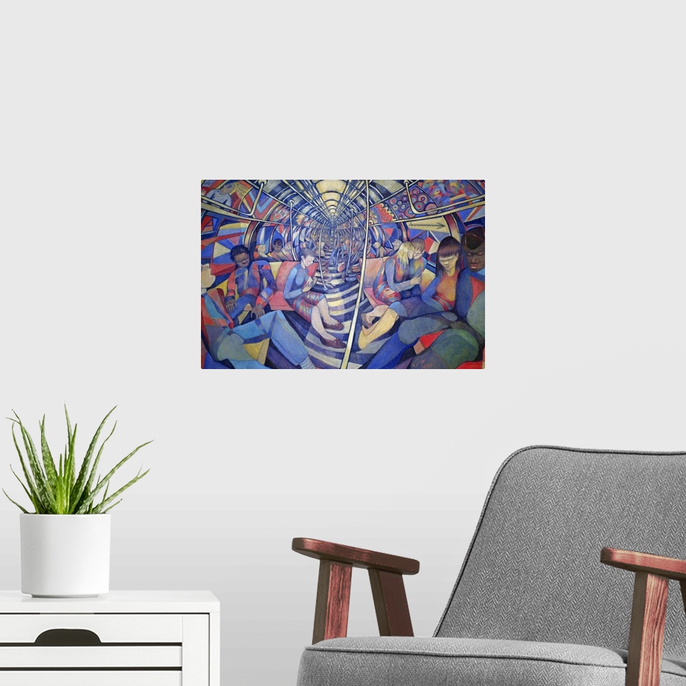 A modern room featuring Contemporary abstract painting of underground train, metro, with commuters that are sleeping, res...
