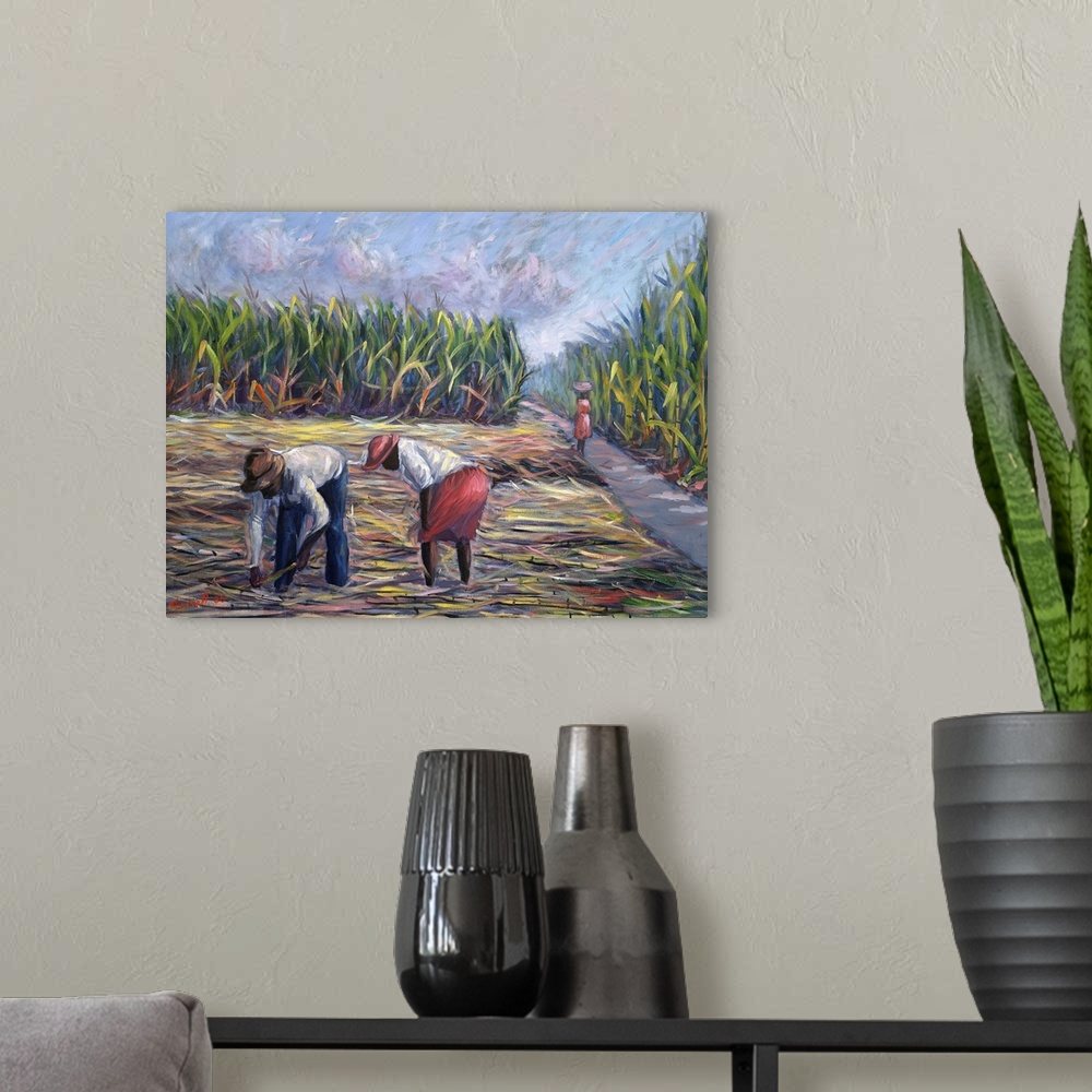 A modern room featuring Sugarcane Harvest, 1986, oil on canvas.  By Carlton Murrell.