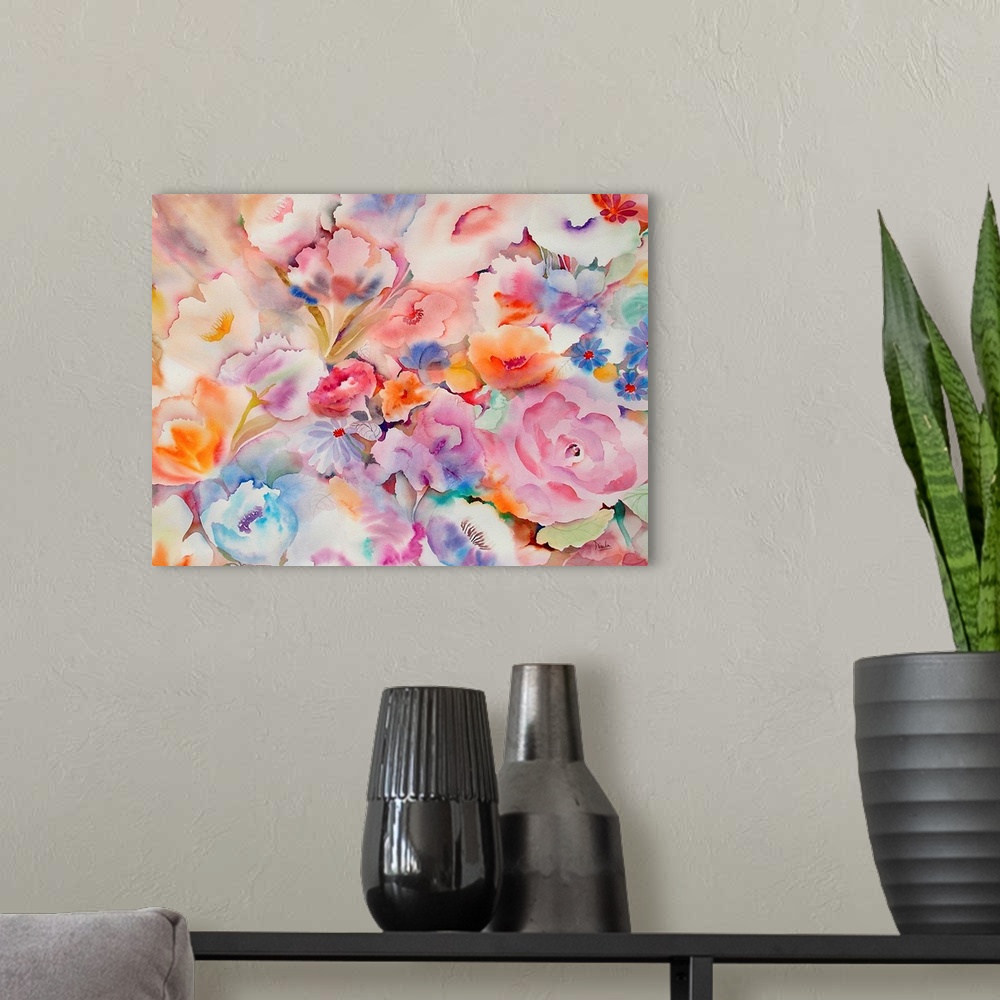 A modern room featuring Contemporary watercolor painting of a flowers.