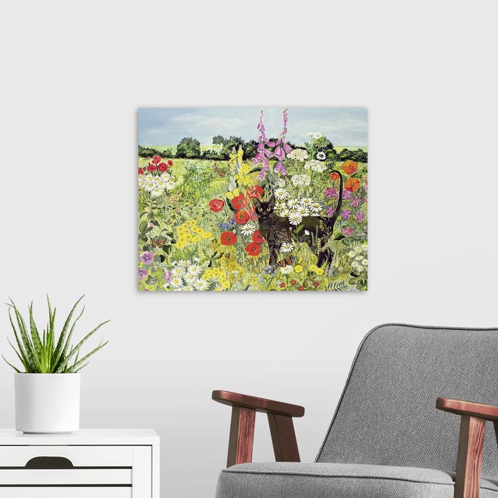 A modern room featuring This large drawing shows a black cat standing in a large field that is covered with several types...