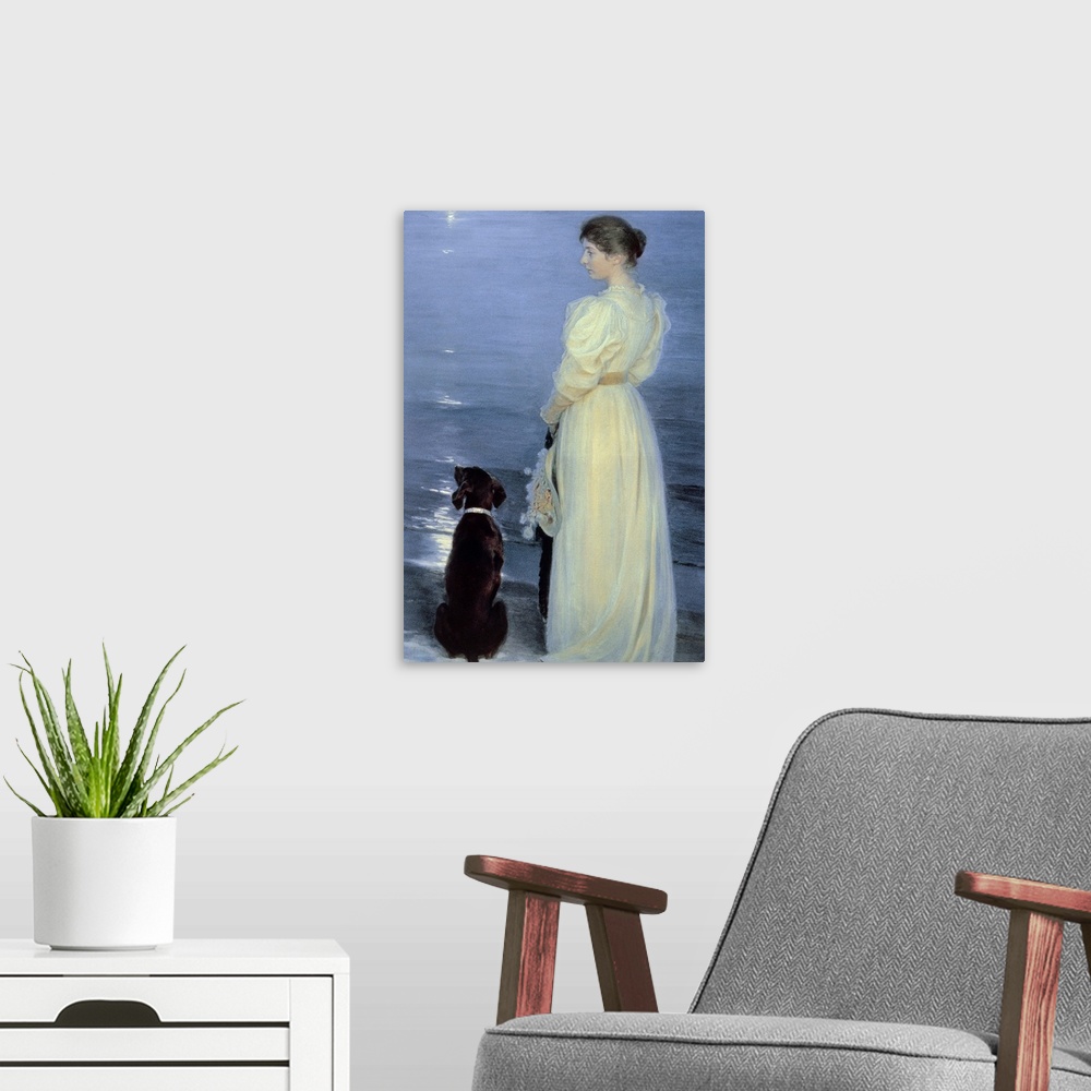A modern room featuring Summer Evening at Skagen, the Artist's Wife with a Dog on the Beach, 1892