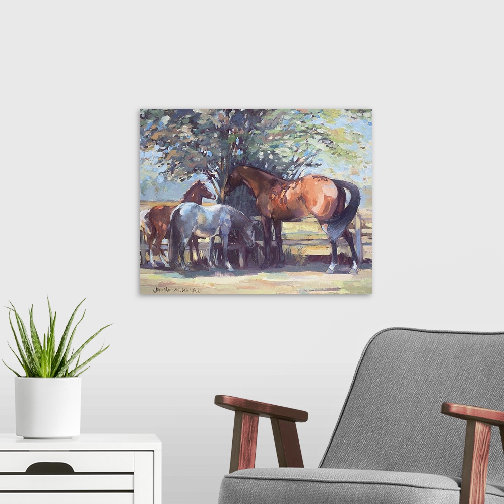 A modern room featuring Contemporary painting of a horse and ponies in the shade in summer.