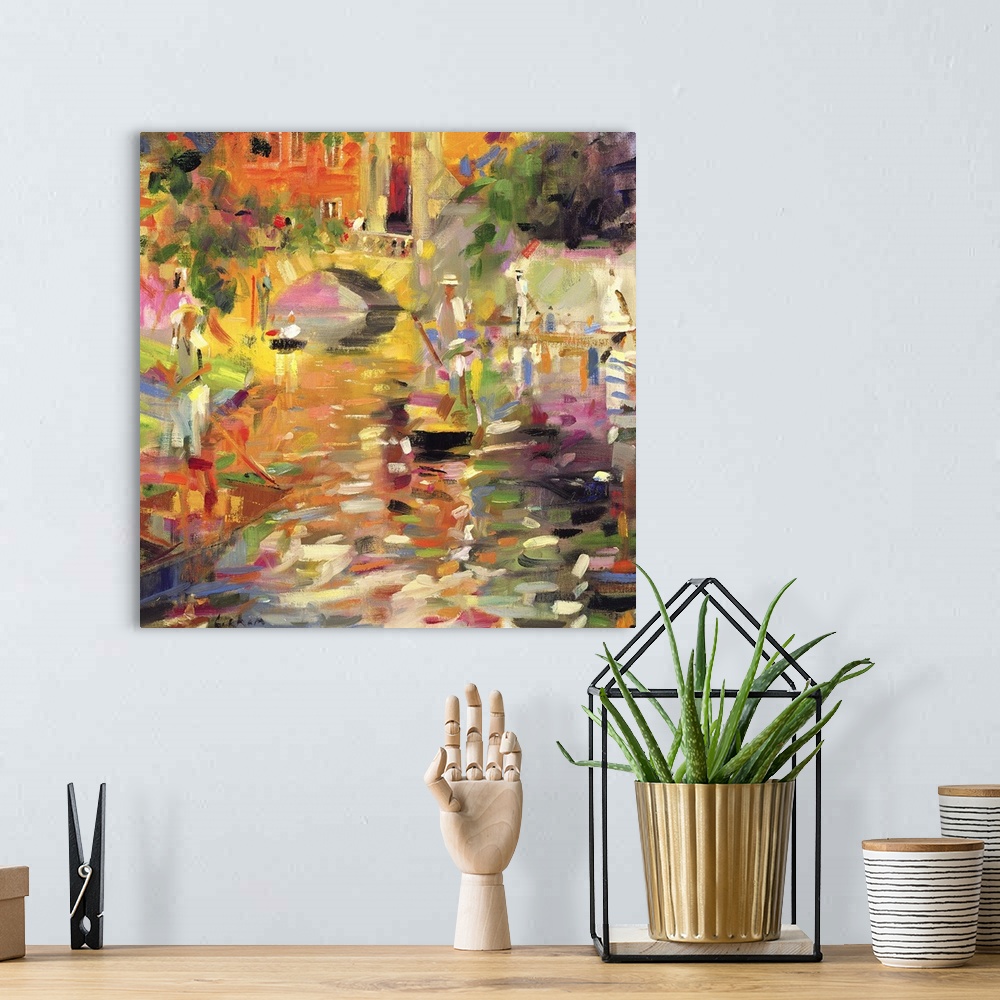 A bohemian room featuring Contemporary artwork that uses lots of different colors to paint a river with a small bridge goin...