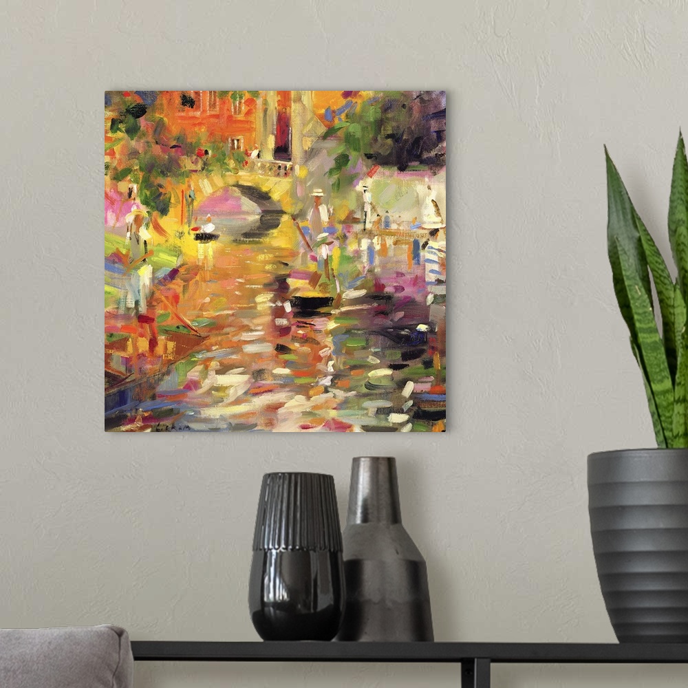 A modern room featuring Contemporary artwork that uses lots of different colors to paint a river with a small bridge goin...