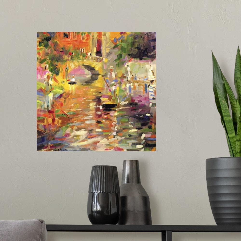 A modern room featuring Contemporary artwork that uses lots of different colors to paint a river with a small bridge goin...
