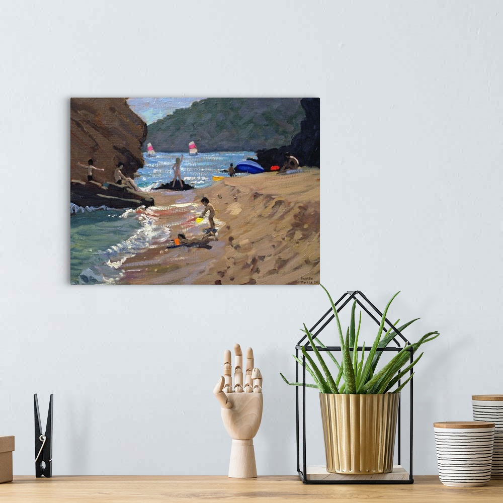 A bohemian room featuring Contemporary oil painting on canvas of people playing on a Spanish beach with sailboats in the wa...