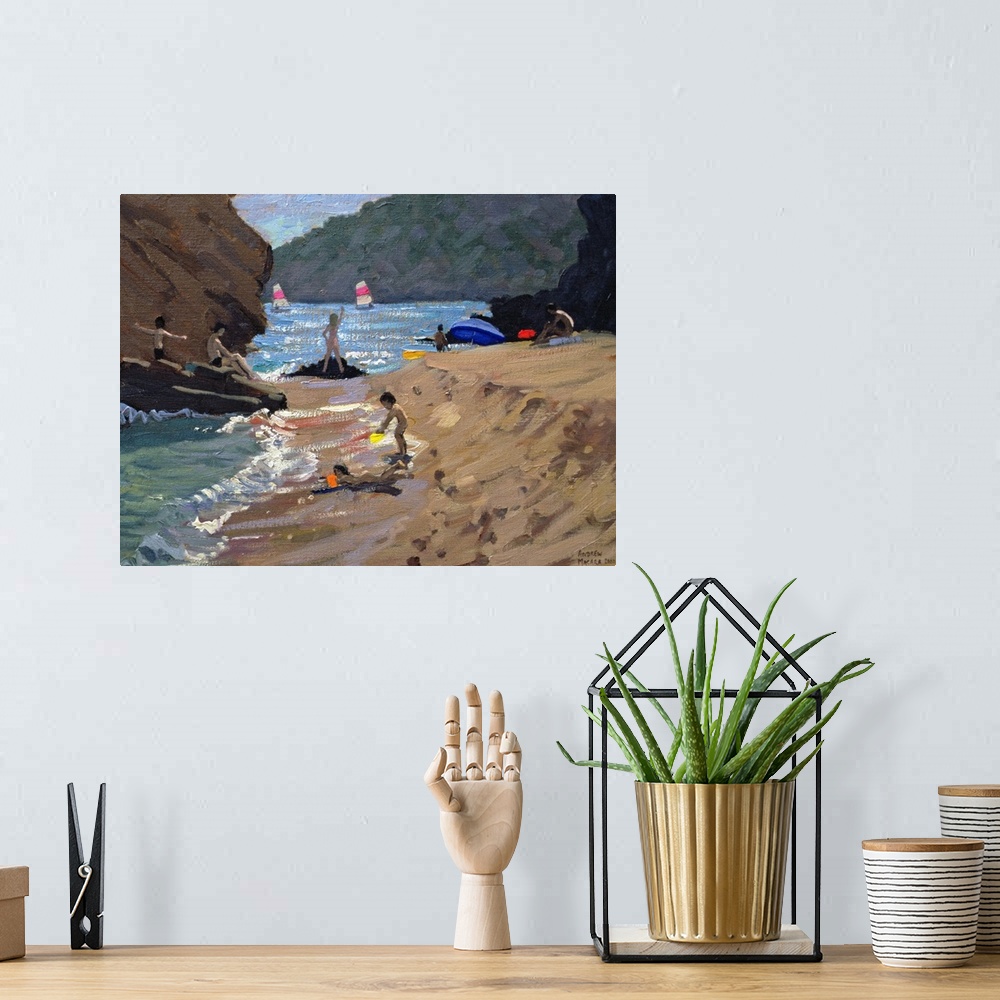 A bohemian room featuring Contemporary oil painting on canvas of people playing on a Spanish beach with sailboats in the wa...