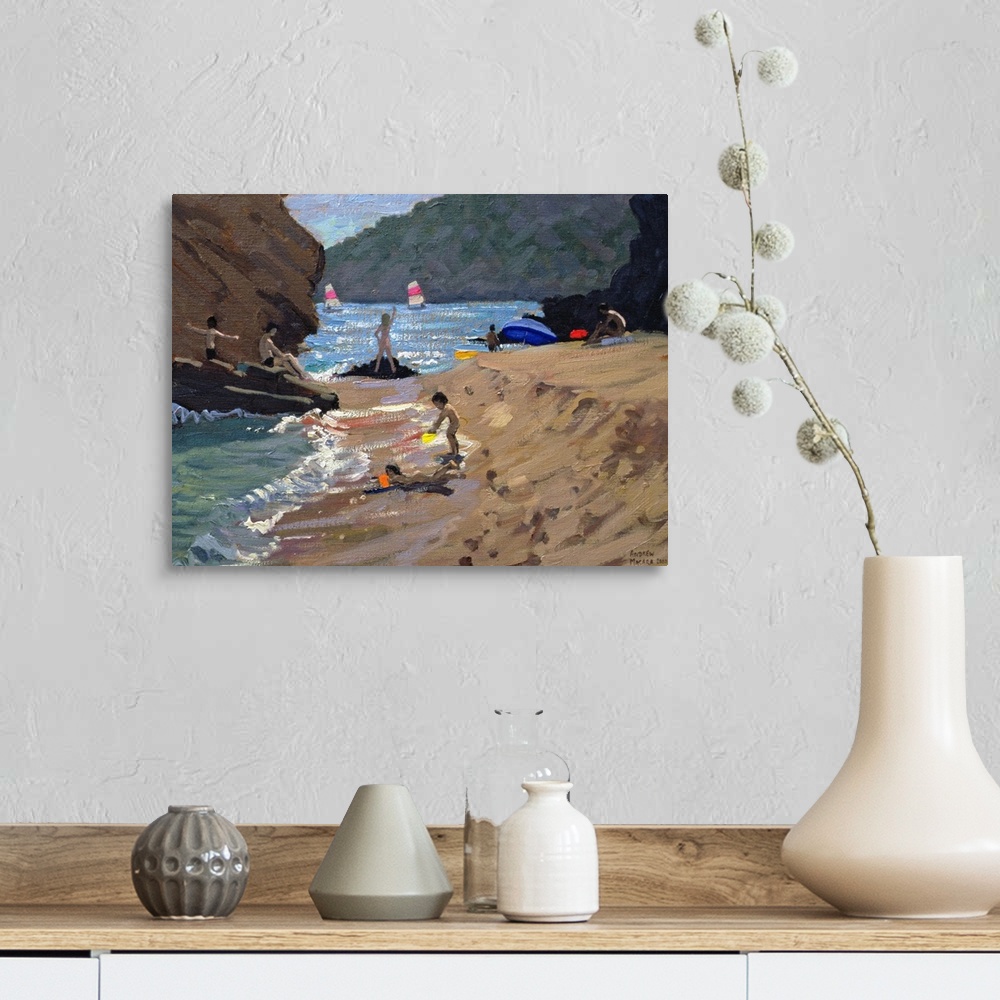 A farmhouse room featuring Contemporary oil painting on canvas of people playing on a Spanish beach with sailboats in the wa...