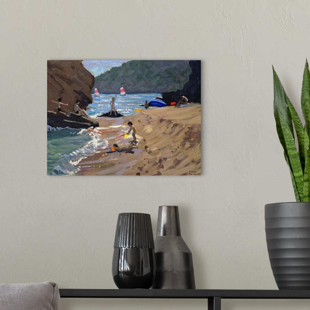 A modern room featuring Contemporary oil painting on canvas of people playing on a Spanish beach with sailboats in the wa...