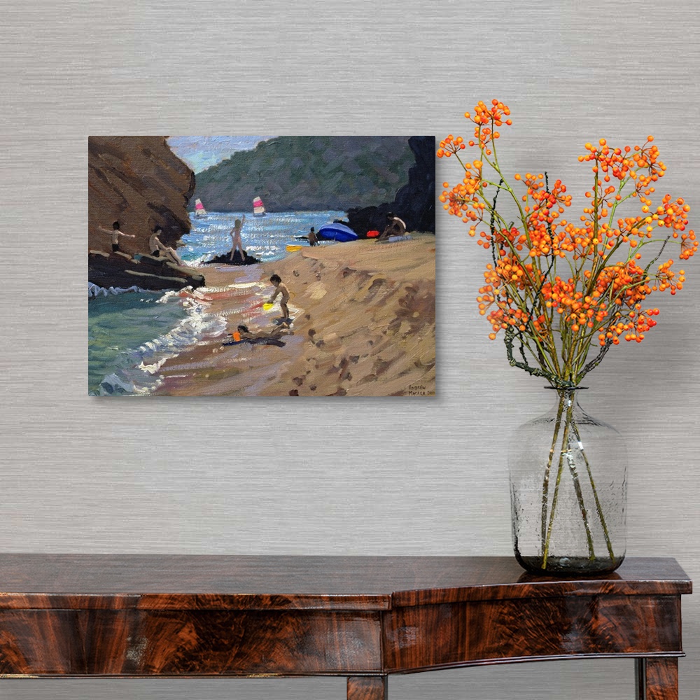 A traditional room featuring Contemporary oil painting on canvas of people playing on a Spanish beach with sailboats in the wa...