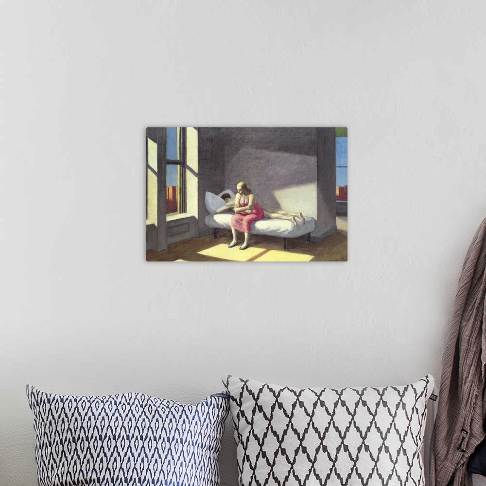 A bohemian room featuring Painting of a nude man laying face down on a bed while a woman in a pink dress sits on the edge w...