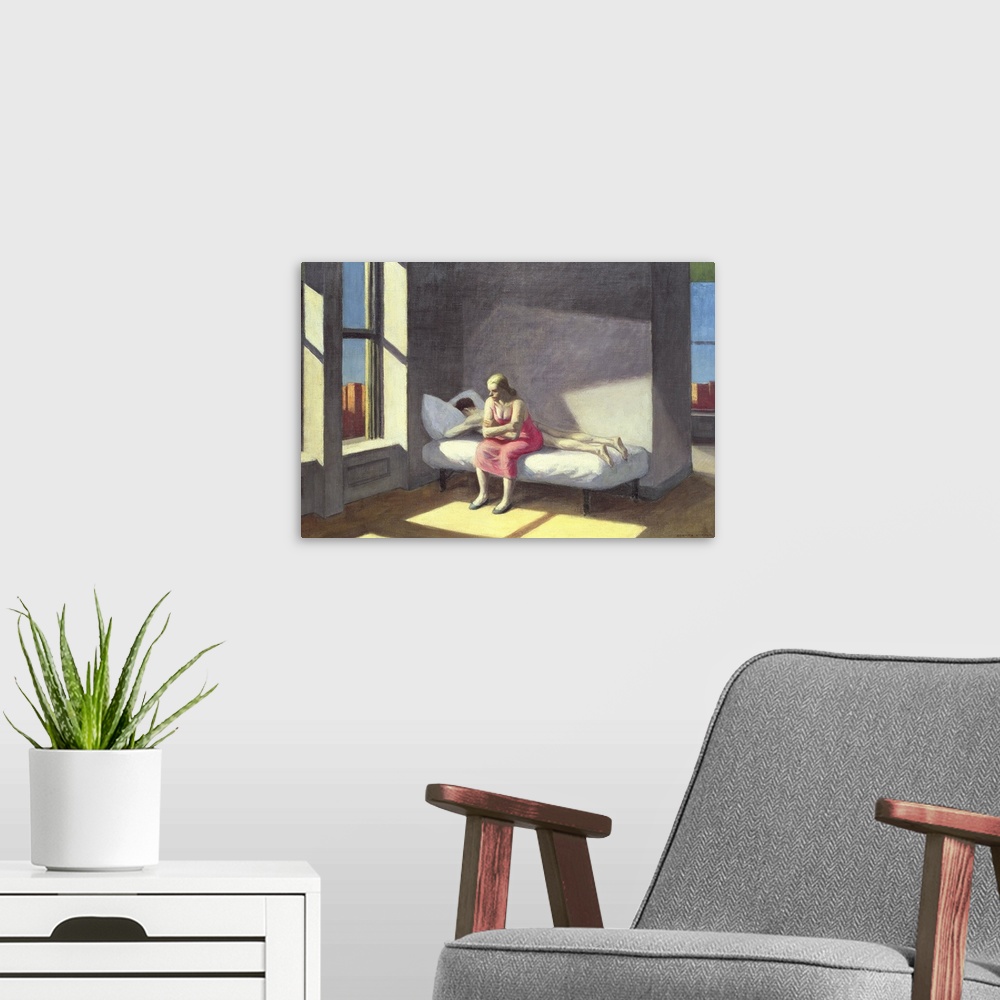 A modern room featuring Painting of a nude man laying face down on a bed while a woman in a pink dress sits on the edge w...
