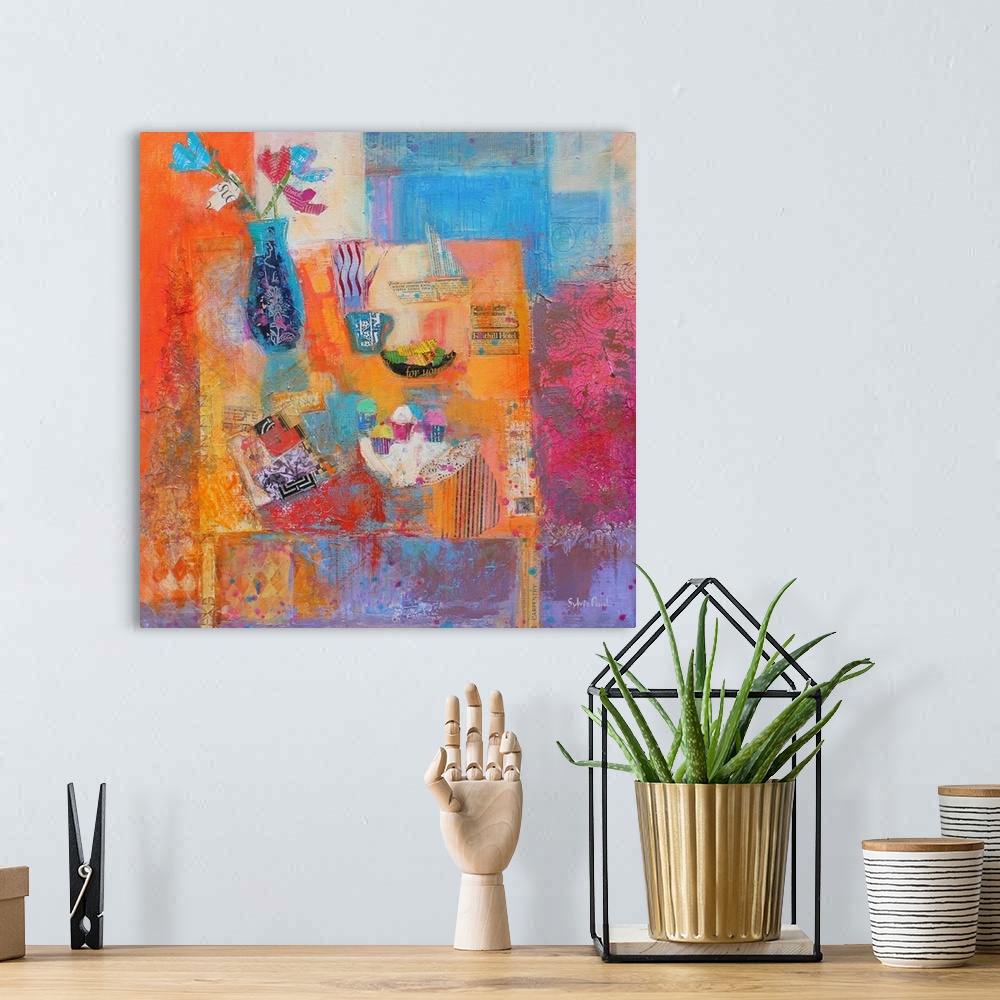 A bohemian room featuring Contemporary painting of a blue vase holding flower surrounded by an array of colors.