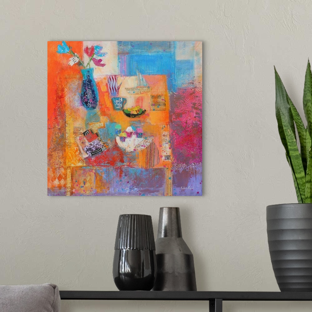 A modern room featuring Contemporary painting of a blue vase holding flower surrounded by an array of colors.