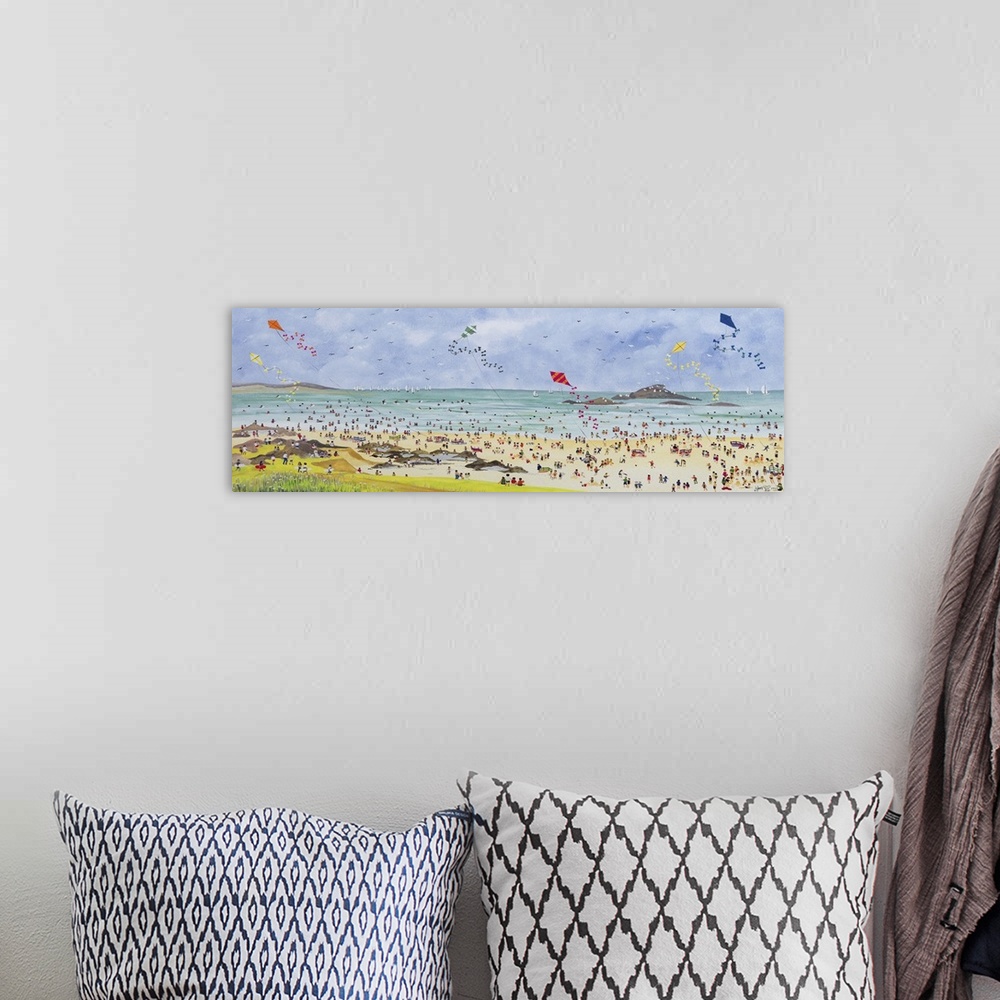 A bohemian room featuring Contemporary painting of a crowd of beachgoers by the ocean with kites in the air.