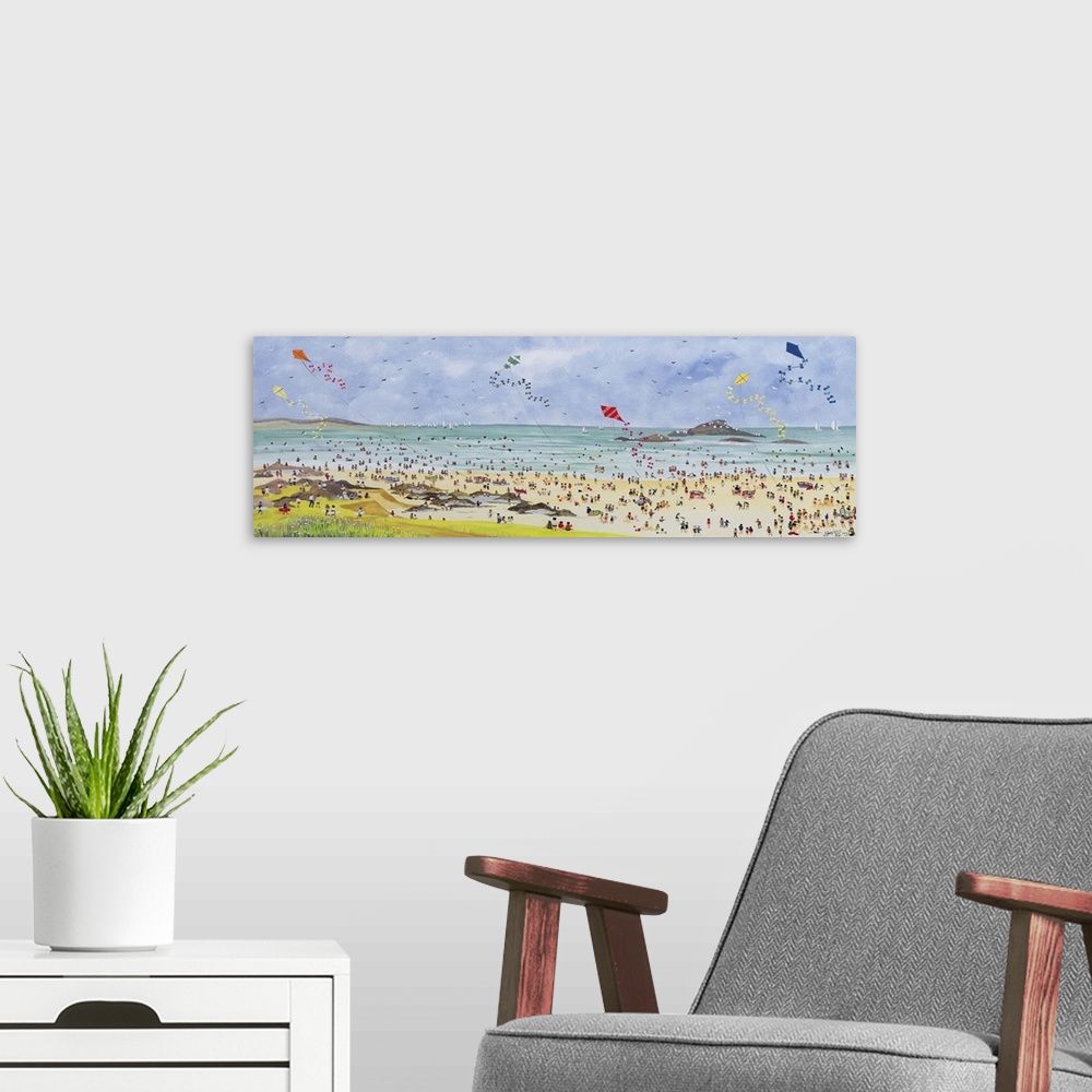 A modern room featuring Contemporary painting of a crowd of beachgoers by the ocean with kites in the air.
