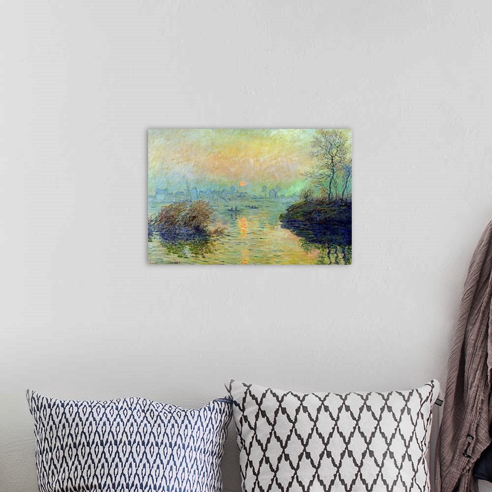 A bohemian room featuring Landscape painting from an Impressionist masterof boats paddling in a river as the sun sets.