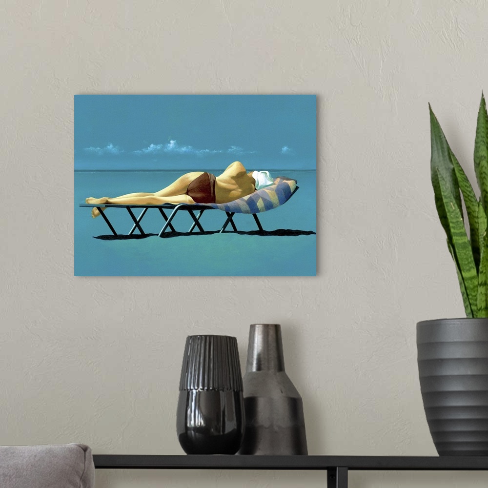 A modern room featuring Contemporary oil painting of a woman sunbathing on a lounge chair by the water's edge.