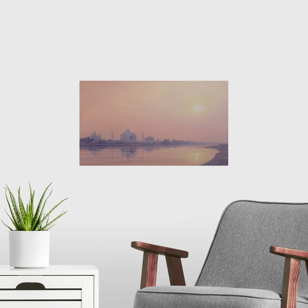 A modern room featuring DKH269871 Sundown on the Yamuna (oil on canvas)                                                  ...