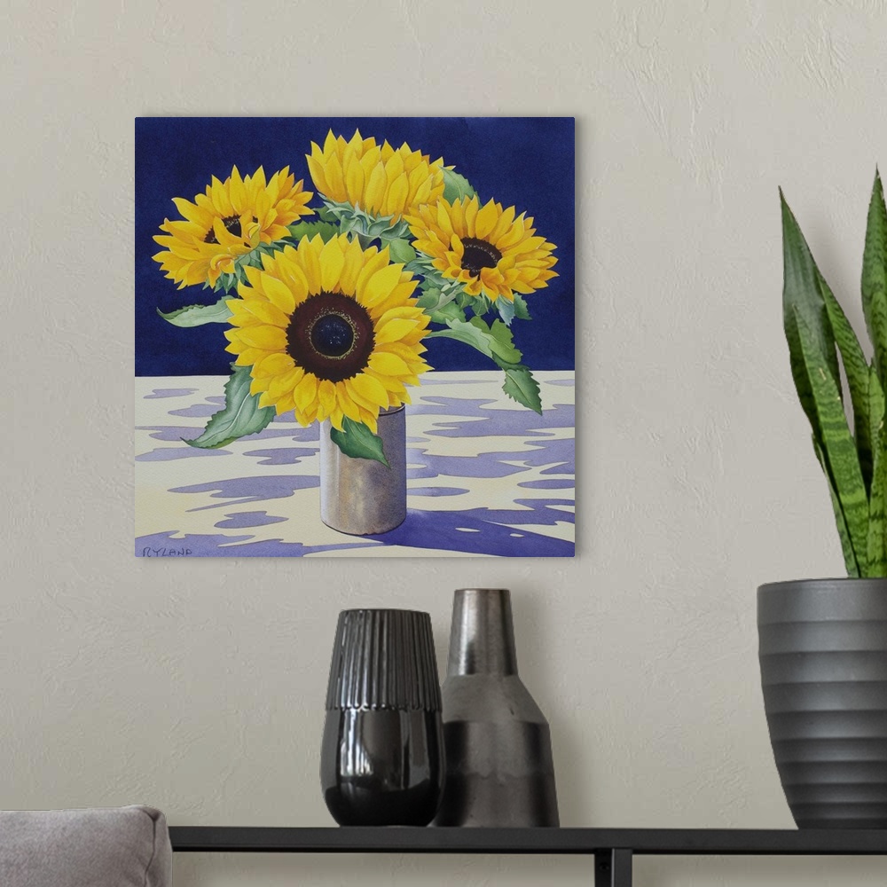 A modern room featuring Sunflower Still Life by Ryland, Christopher