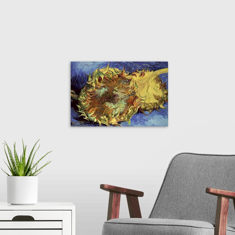 A modern room featuring This is an impressionistic painting created with thick and fluid brush strokes of two wilted sunf...