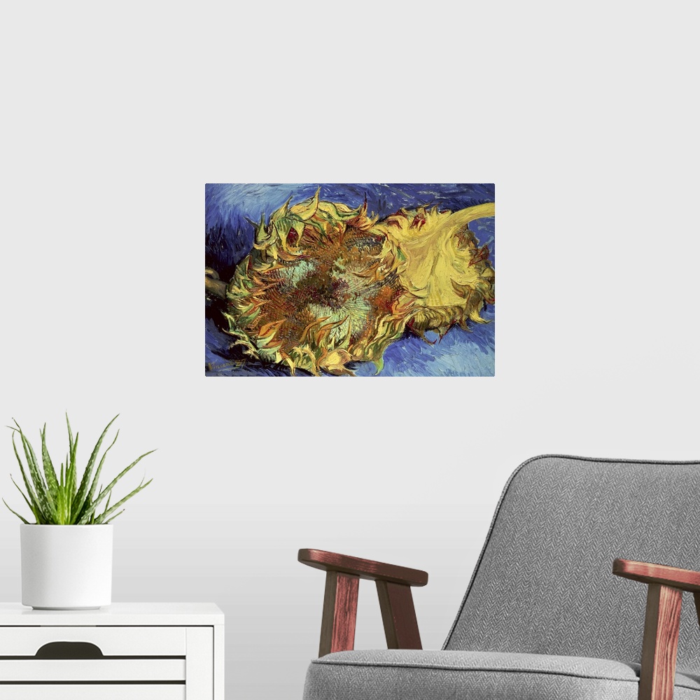 A modern room featuring This is an impressionistic painting created with thick and fluid brush strokes of two wilted sunf...