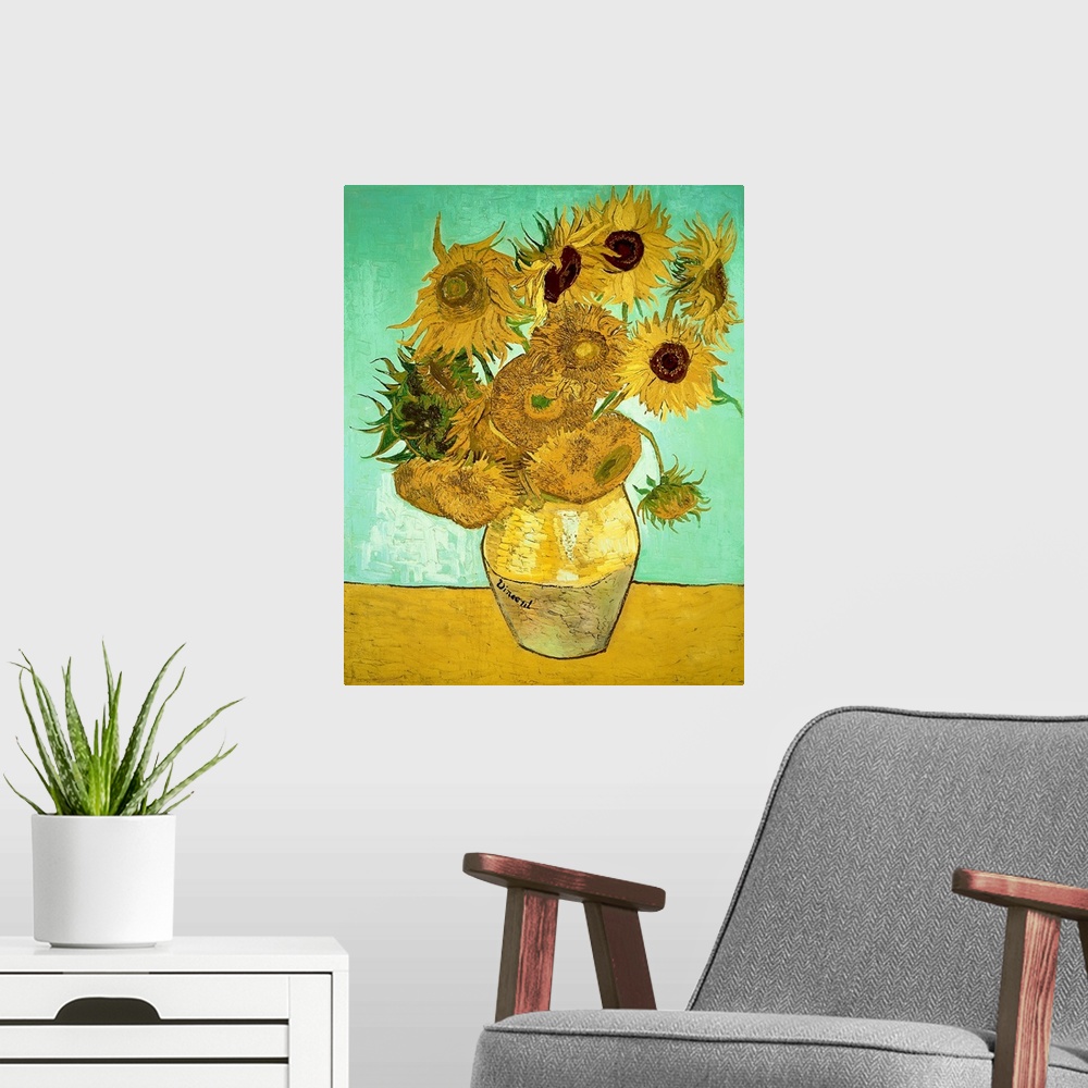 A modern room featuring Classic oil painting of warm colored sunflowers in a vase with a cool toned background.