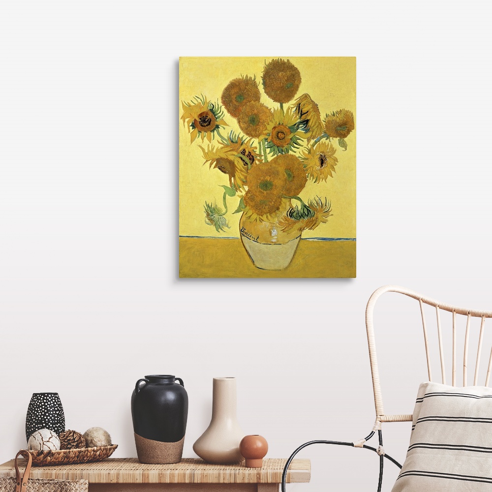 A farmhouse room featuring Vincent Van Gogh's famous oil on canvas painting of sunflowers in a vase in warm tones.