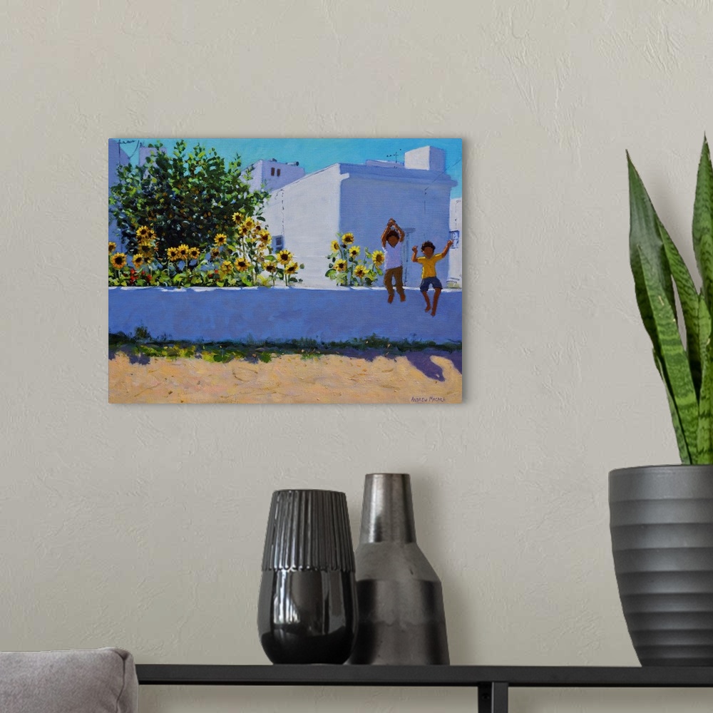 A modern room featuring Sunflowers, Morning, Galicia, (originally oil on canvas) by Macara, Andrew