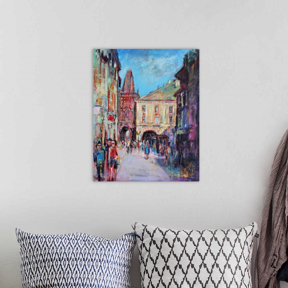 A bohemian room featuring Contemporary painting of streets of Prague.