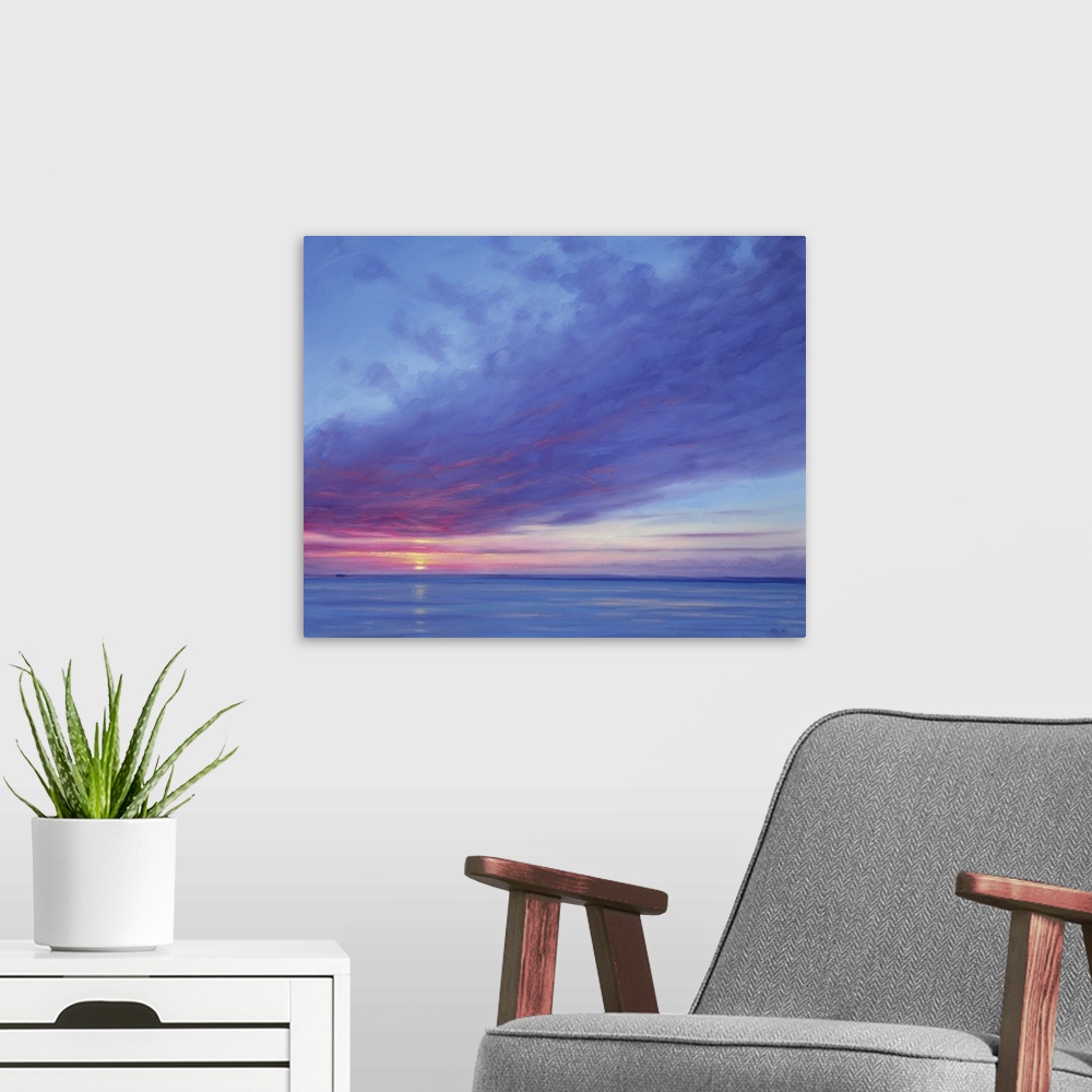 A modern room featuring DKH269859 Sunrise off Treasure Cay (oil on canvas) by Hare, Derek (b.1945); 76.2x61 cm; Private C...
