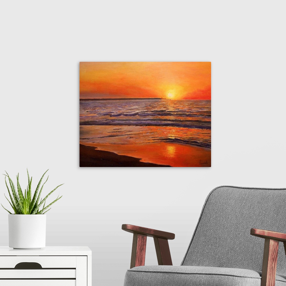 A modern room featuring This wall art for the home or office is a contemporary painting of the sun sinking below the hori...