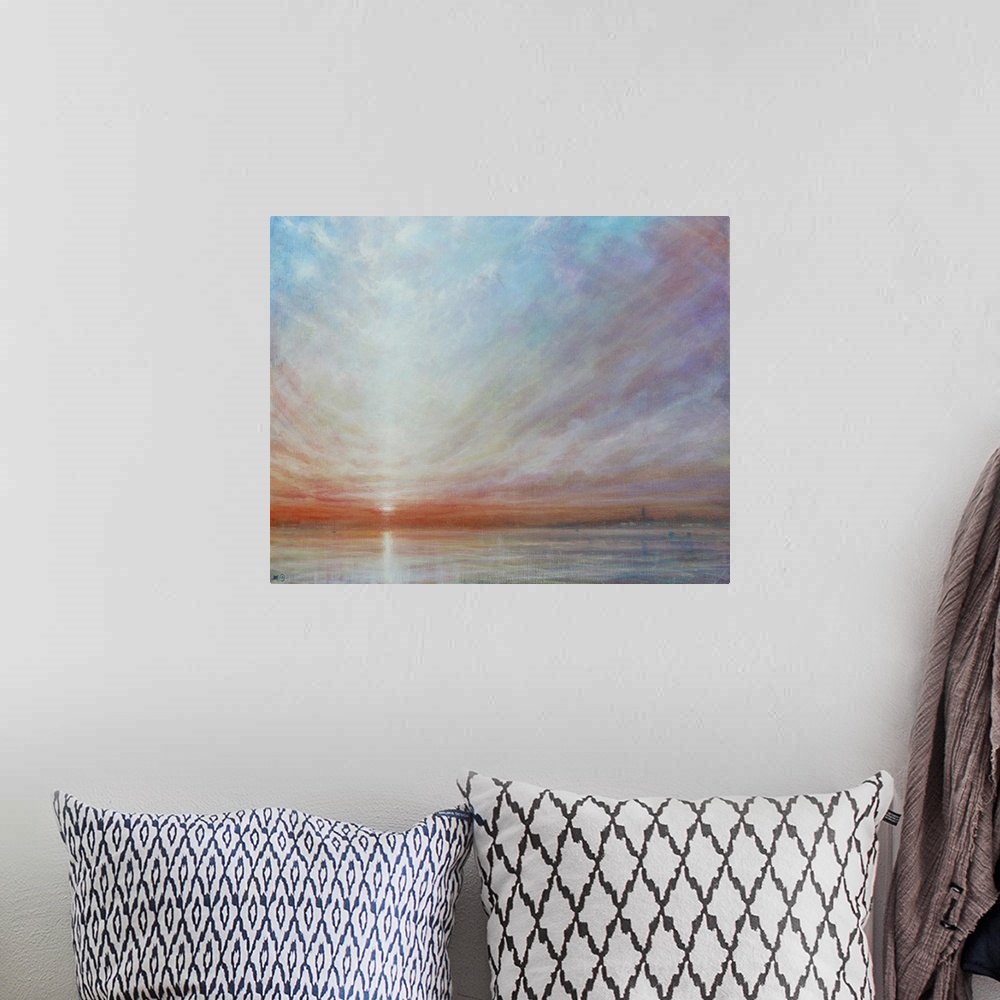 A bohemian room featuring 3248471 Sunset at Bosham Harbour by Hare, Derek (b.1945); 107 x 91 cm;  Derek Hare. All rights re...