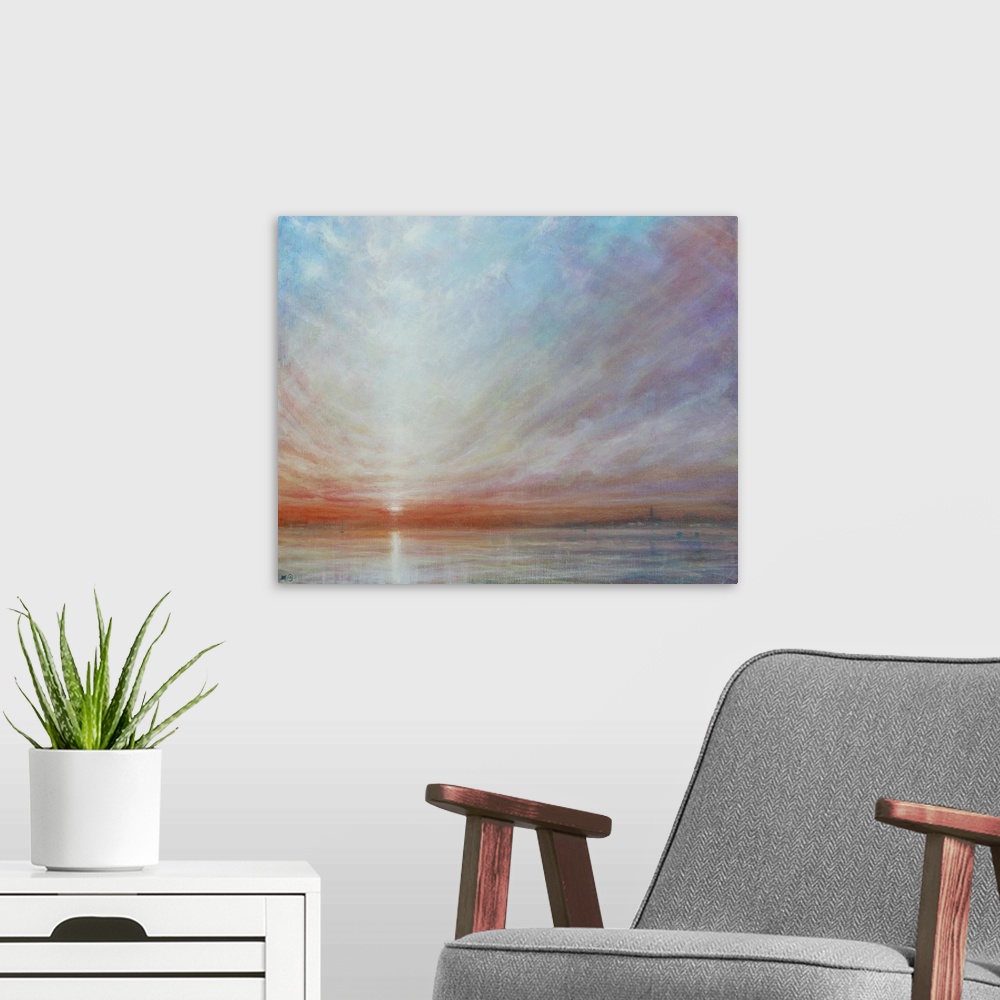 A modern room featuring 3248471 Sunset at Bosham Harbour by Hare, Derek (b.1945); 107 x 91 cm;  Derek Hare. All rights re...