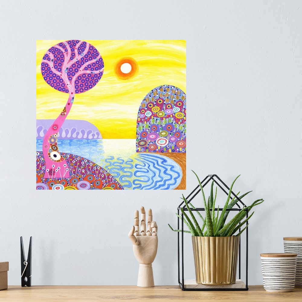 A bohemian room featuring Sunset Cove, 2016, (acrylic on canvas)