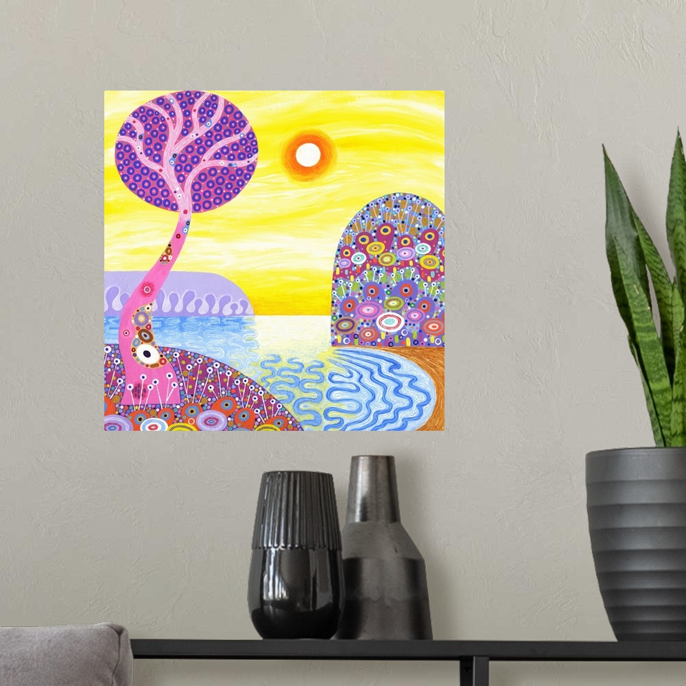 A modern room featuring Sunset Cove, 2016, (acrylic on canvas)