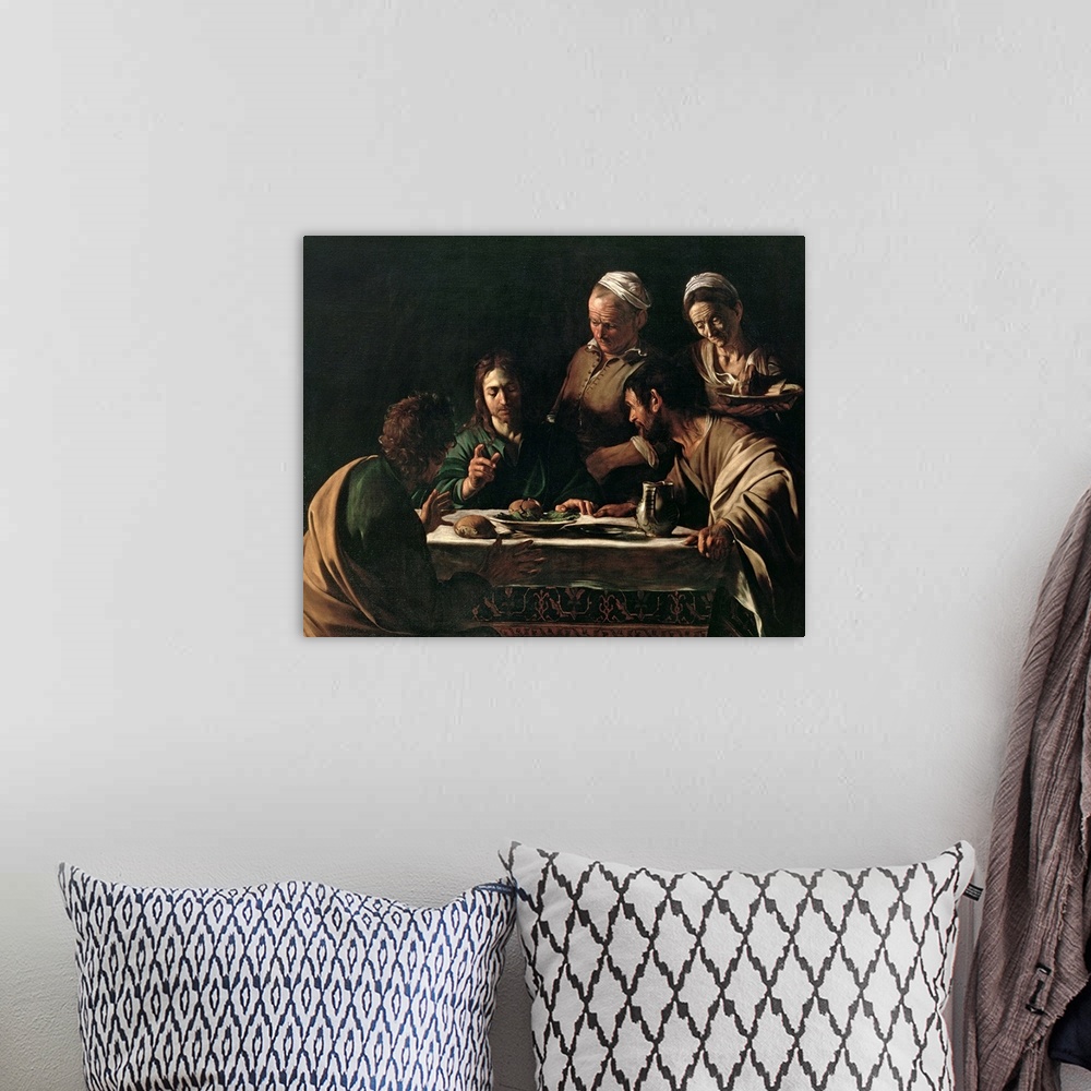 A bohemian room featuring XJL60976 Supper at Emmaus, 1606 (oil on canvas) (see also 169588)  by Caravaggio, Michelangelo Me...