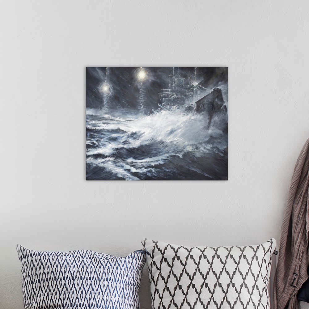 A bohemian room featuring Contemporary painting of a ship riding the high seas during a rough storm.